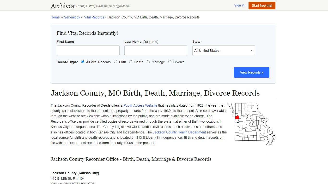 Jackson County, MO Birth, Death, Marriage, Divorce Records